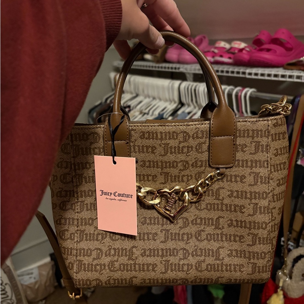 Juicy Couture Brown Logo Satchel with Gold Heart Chain